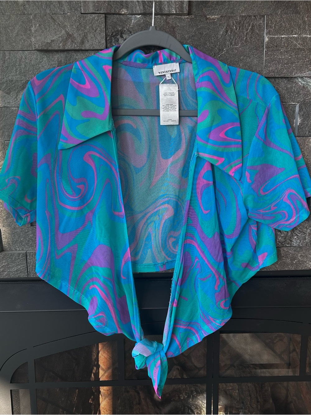 WeWoreWhat Psychedelic Retro Print Power Mesh Tie Front Top